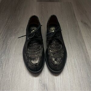 Calleen Cordero Metallic Black + Gold Leather Boho Loafers